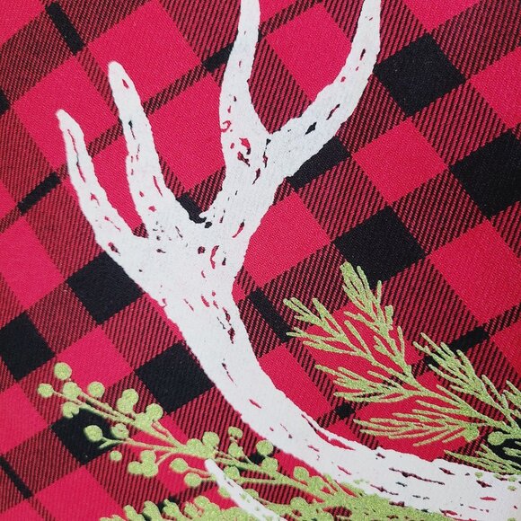 Holiday Throw Pillow Buffalo Plaid With Antler Greenery Christmas Design - Picture 2 of 12